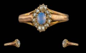 Victorian Period 1837 - 1901 Ladies Petite 9ct Gold Seed Pearl and Opal Set Ring, Marked 9ct to