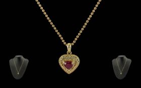 Ladies 18ct Gold - Heart Shaped Pendant Set with Rubies and Diamonds, Attached to a Beads Design -
