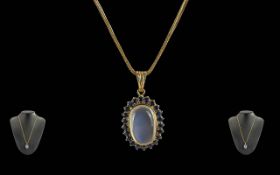 Ladies Attractive and Quality 18ct Gold Moonstone & Sapphire Pendant - Attached To A 18ct Gold