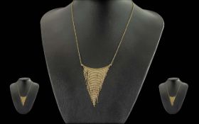 Ladies - Stylish 14ct Gold 1930's Style Tassel Drop Necklace, V Shape Design. Marked 14ct, Excellent