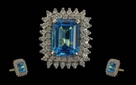 Ladies 9ct Two-Tone Gold Large & Impressive Diamond & Topaz Set Statement Ring. Illusion set. Ring