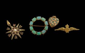 Antique Period - A Small Collection of 9ct Gold Gem Set Brooches, All Marked for 9ct. ( 4 ) In