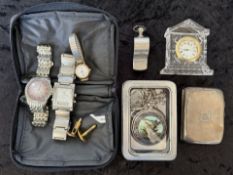Box Of Collectables - To include, Silver cigarette case, pocket watch, gents watches, whistle