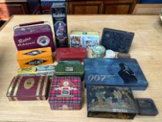 Two Boxes of Vintage Tins, including Whisky, Retro Radio, Port, 007, Harrods, etc.