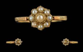 Antique Period Ladies 18ct Gold - Petite Seed Pearl Set Cluster Ring, Flower head Setting. Marked