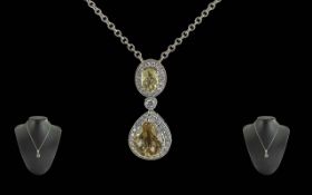 Ladies Quality 18ct White Gold Citrine and Diamond Set Necklace with Drop. Marked 750 - 18ct.