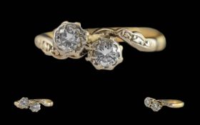 Ladies Pleasing 18ct Gold Two Stone Diamond Set Ring, Marked to Interior of Shank, The Two Well
