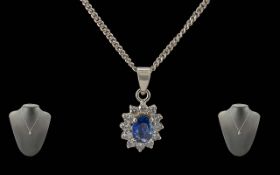 Ladies Excellent Quality 18ct White Gold Pendant Set with Blue Sapphire and Diamonds, Attached to