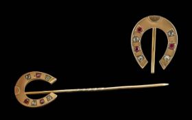 Victorian Period 9ct Gold Diamond / Ruby Set Horseshoe Stick Pin, Boxed - Case Original. Hallmark
