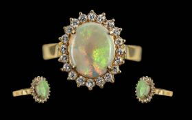 Ladies 14ct Gold Pleasing Quality Opal and Diamond Set Cluster Ring, Marked 585 - 14ct to Shank, The