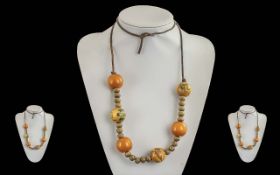 1920's Butterscotch Amber Beaded and Wooden Beaded Long Necklace, Four of Beads Handpainted (