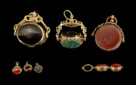 Antique Period Trio of 9ct Gold Gem Set Swivel Fobs. All Fully Hallmarked and All In Good Condition.