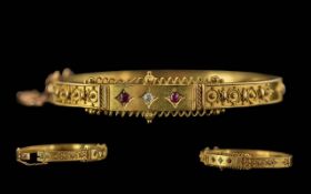 Victorian Period Stylish and Decorative Ladies 15ct Gold Hinged Ornate Bangle Set With Rubies /