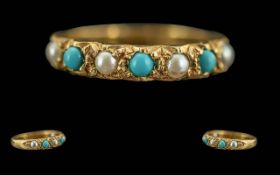 Antique Period Ladies 9ct Gold Turquoise / Pearl Set Ring, Full Hallmark to Interior of Shank,