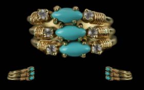 Ladies 14ct Gold - Novelty Triple Ring, Turquoise and Diamond Set ( Hinged ) Marked for 14ct. Good