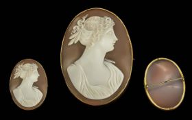 Antique Period Fine 9ct Gold Mounted Shell Cameo ( Of Oval Form ) of a Bust of a Young Female