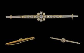 Edwardian Period 1902-1910 Ladies 18ct Gold and Platinum Diamond & Pearl Long Stick Brooch - Tests