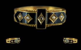 Victorian Period 15ct Gold Mourning Ring, Set with Black Enamel, Pearls and Diamonds. Full