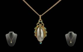 Ladies - Pleasing Quality 9ct Gold Pearl Shell and Turquoise Set Ornate Pendant of Pleasing Design /
