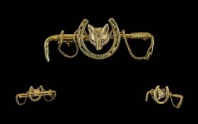 Antique Period 925 Silver Gilt Brooch, Features Foxes Head Between Horseshoe and Riding Crop-Whip to