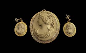 Victorian Period 1837-1901 Superb Quality 9ct Gold Mounted Well Carved Lava Cameo Set Brooch