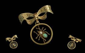 Antique Period Ladies - Small 9ct Gold Ribbon / Bow and Spider Brooch, Set with Opals and Pearl to