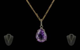 Ladies 9ct Gold Single Stone Amethyst Set Pendant - Attached to a Fine 9ct Gold Chain. Both Marked