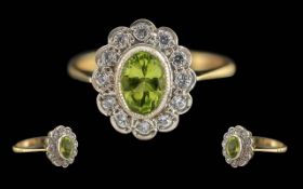 Antique Period Ladies 9ct Gold Peridot and Diamond Set Ring, Full Hallmark to Interior of Shank.