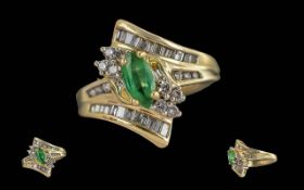 Ladies 14ct Gold Diamond Emerald Set Fashion Ring, Contemporary Setting, Gold Marks to Interior of