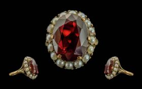 Edwardian Style Ladies 9ct Gold Garnet and Seed Pearl Ring, Full Hallmark to Interior of Shank.