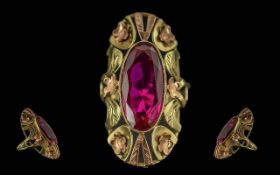 Ladies 14ct Gold - Pleasing Quality Single Stone Rubellite / Tourmaline Set Statement Ring, Open