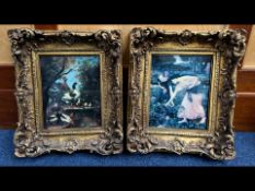 Two Framed Painted Tile Pictures, one depicts two girls picking flowers, signed J Waterhouse, the