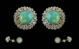 Antique Period Ladies Fine Pair of 18ct White Gold Pair of Opal and Diamond Set Cluster Earrings.