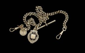 Edwardian Period 1902 - 1910 Sterling Silver Double Albert Watch Chain with T-Bar, Fob, Medal and