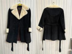 Diana Warren Ladies Black Suede Coat, with white mink collar and cuffs. Button fastening, side