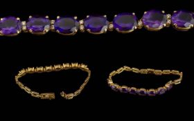 Ladies Excellent 18ct Gold Amethyst and Diamond Set Bracelet, Marked 18ct. The Well Matched