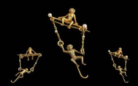Antique Period 18ct Gold Monkeys on a Trapeze Brooch, One Seated Gracefully on a Bar, The Other