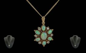 Antique Period - Pleasing Quality 9ct Gold Opal and Diamond Set Circular Pendant, Attached to a