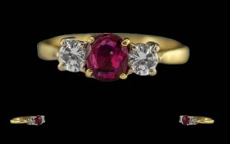 Ladies 18ct Gold 3 Stone Ruby and Diamond Set Ring, Full Hallmark to Interior of Shank,