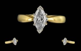 18ct Gold Single Diamond Ring, Brilliant Marquise Cut Diamond, Claw set,