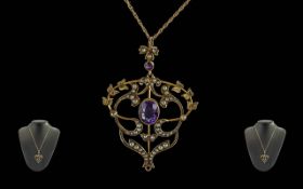 Victorian Period 1837 - 1901 Ladies 9ct Gold Open Work Amethyst and seed Pearl Set Ornate