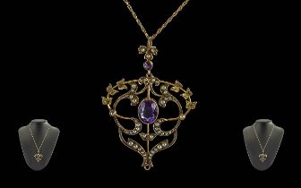 Victorian Period 1837 - 1901 Ladies 9ct Gold Open Work Amethyst and seed Pearl Set Ornate