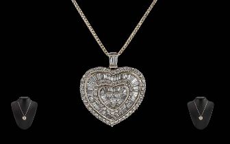 Ladies - Fine Quality 18ct White Gold Baguette and Brilliant Cut Diamonds Set Heart Shaped Pendant