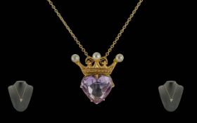 Ladies Fine 9ct Gold Coronet Pendant Set with Heart Shaped Amethyst and Seed Pearls,