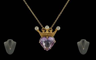 Ladies Fine 9ct Gold Coronet Pendant Set with Heart Shaped Amethyst and Seed Pearls,