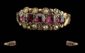 Antique Period Pleasing Ladies 15ct Gold Garnet Pearl Set Ring, Ornate Setting / Design. Full