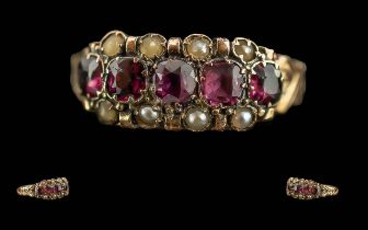 Antique Period Pleasing Ladies 15ct Gold Garnet Pearl Set Ring, Ornate Setting / Design. Full