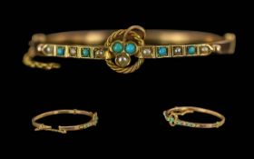 Victorian Period Ladies - Attractive 9ct Gold Turquoise and Pearl Set Hinged Bangle of Elegant Form