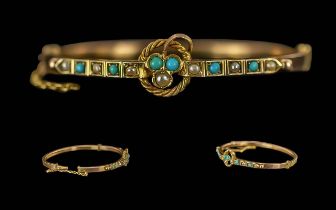 Victorian Period Ladies - Attractive 9ct Gold Turquoise and Pearl Set Hinged Bangle of Elegant Form