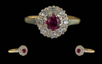 Ladies Early 20th Century 18ct Gold Ruby and Diamond Set Cluster Ring.